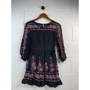 Free People Age Of Aquarius Boho Black Floral Embroidered Mini Dress Size 4